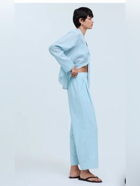 Madewell Linen Blend Pull-On Straight Relaxed Leg Crop Pant In Blue Heron Tall